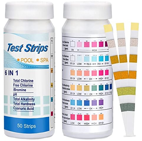 Tiras Reactivas de Prueba Piscina y Spa 6 en 1, Tiras de Prueba de Agua, 50 Test Strips Piscinas para Pruebas de pH de Cloro Residual, Alcalinidad, dureza, Acido Cianúrico, para Piscina, SPA, Bañera