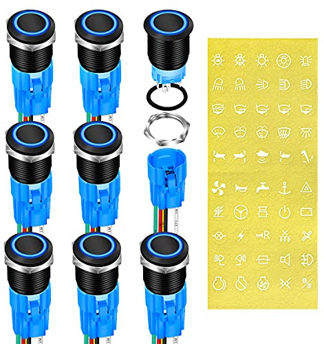 DaierTek Lot de 8 boutons poussoirs 12 V verrouillable 19 mm marche/arrêt métal noir pré-câblé 12 V lumière LED bleue éclairée étanche pour camping-car marin