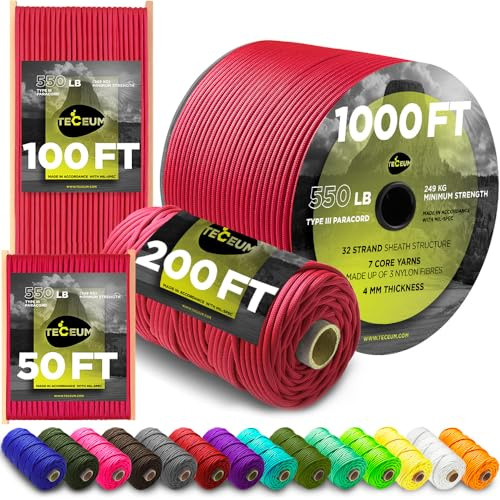 TECEUM Paracord Rope Type III 550 – Tactical MIL-SPEC – Outdoor Para Cord | Crimson, 305m, Clothesline, Camping Fishing Gear and Equipment, DIY, Parachute Cord 4mm, Strong Survival Utility Rope