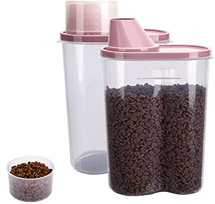GreenJoy 2 Pack 2lb/2.5L Pet Food Storage Container with Measuring Cup, Pour Spout for Small Dog Cat Bird Turtle, Waterproof Storage (Pink)