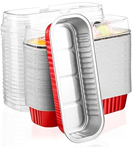 Aluminum Foil Bread Pans, Eusoar 6.8oz 6.5x2.5x1.2 Disposable Aluminum Foil Mini Loaf Baking Pans with Lids,Small Bread Tins, Aluminum Baking Cups Ramekins, Dessert Bakeware Pans Containers-Red