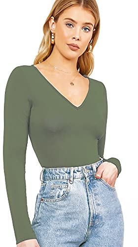 Women's Ladies Long Sleeve V Neck Basic Top Jersey Plain Stretchy Slim Fit Casual Wear T-Shirt Tee Tops 16-18 Khaki