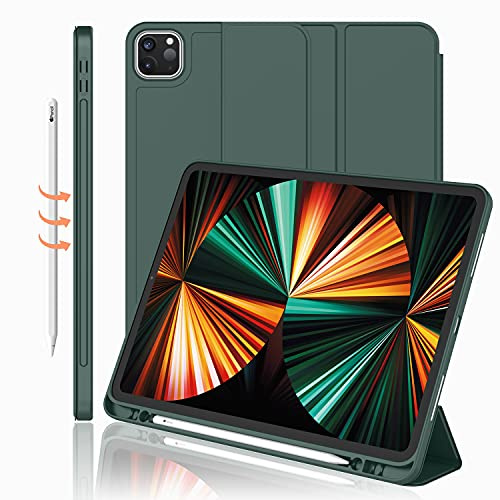iMieet New iPad Pro 12.9 Case 2022(6th Gen)/2021(5th Gen) with Pencil Holder [Support iPad 2nd Pencil Charging/Pair],Trifold Stand Smart Case with Soft TPU Back,Auto Wake/Sleep(New Midnight Green)
