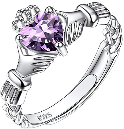 Suplight Damen Ring 925 Sterling Silber Verstellbarer Solitärring mit Geburtsstein Februar Mondsteinringe Synthetischer Amethyst Zirkonia Ring Geschenk für Mädchen Frauen
