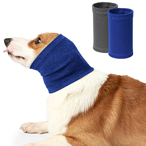 2Pcs Dog Snood for Neck & Ears Warmer Hood, Calming Pet Noise Reduction Ear Covers, Washable Comfort Anti-Anxiety Ear Muffs, Dog Winter Headwear for Bathing & Grooming (S, Blue, Gray)