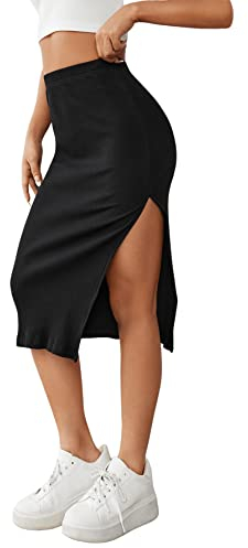 GORGLITTER Knielanger Rock Mit Schlitz - Damen Strickrock Midi Mit Hoher Taille - Elegant Stretch Rock Schwarz S