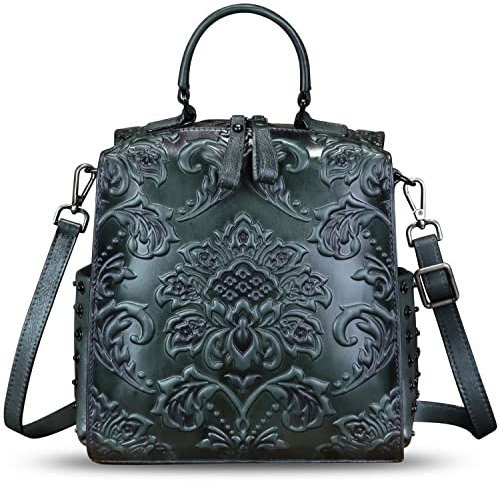 Echtleder-Umhängetasche für Damen, Geldbörse, wandelbarer Rucksack, geprägtes Leder, Umhängetasche, Tragegriff oben, GRAU, Medium