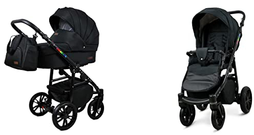BabyLux Color Lux 2-in-1 Baby Kinderwagen Tief und Kinderwagen mit Zubehör Verstellbar und faltbar Aluminiumkonstruktion Wasserdichte Nicht abnehmbare Räder Onyx Black Frame