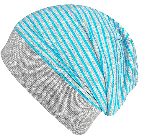 Wollhuhn ÖKO Leichte Mädchen/Jungen Beanie-Mütze Bündchen Elastisch Übergangszeit/Sommer Kinder-Mütze Baumwolle (Öko-Stoffe, Bio) 22222235 (Ringel Grau/Türkis, M)
