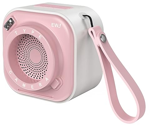 EWA Wireless Mini Bluetooth Speaker with Lanyard, Small Speaker with Bass Radiator, Unique Camera Look, Support TF Card, Small But Loud, Portable Speaker for Home, Party, Travel, Outdoor (Pink)