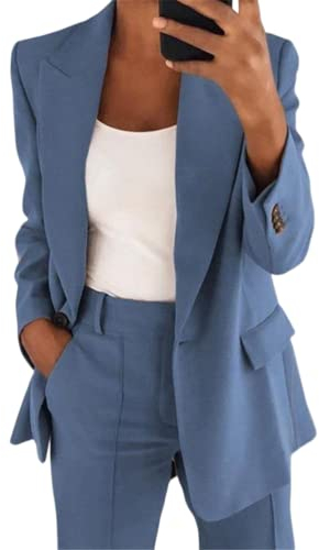 shownicer Hosenanzug Damen Elegant Business Anzug Set Revers Büro Blazer Hose 2-teilig Anzug Zweiteiler Slimfit Festlich Sportlich Streetwear A Blau XXL