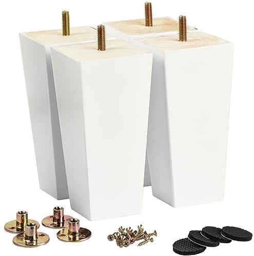 LA VANE 15cm Holz Tischbeine, 4 Stück Weiß Massivholz Pyramide Ersatz Möbelfüße Möbelbeine mit vorgebohrten M8 Bolzen & Montageplatten & Schrauben für Sofa Bett Schrank Couch Ottomane