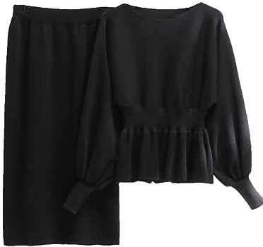 DBFBDTU Zweiteiliges Set Aus Festem Strickset Für Damen Mit Laternenärmeln Und Rüschensaum, Pullover Mit Mittellangem Rock Black One Size