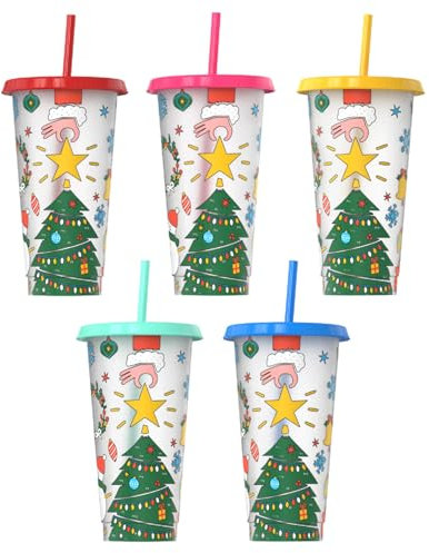 TSLBW Colour Changing Cup 5 Pcs Plastic Christmas Cups Reusable Travel Tumblers with Lids and Straws Iced Coffee Cup Cold Water Drink Change Cups, 710ml (B)