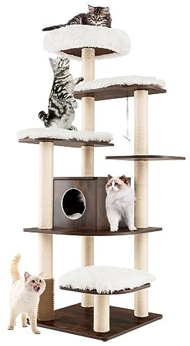 COSTWAY Arbre a Chat XXL en Bois 175 cm, 4 Poteaux à Griffer en Sisal, 7 Plateformes, Condo, Brosse d'Toilettage, Arbre a Chat Maine Coon, Peluche Lavable, pour 4-6 Chats, 60 x 60 x 175 cm, Brun