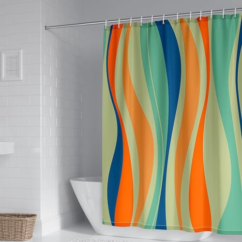 Homxi Rideau Douche Oeillets,150 W x 200 H CM,Tissu Rideau Douche Bleu Vert Orange Rayures Rideau de Douche en Polyester Anneaux de Rideau de Douche