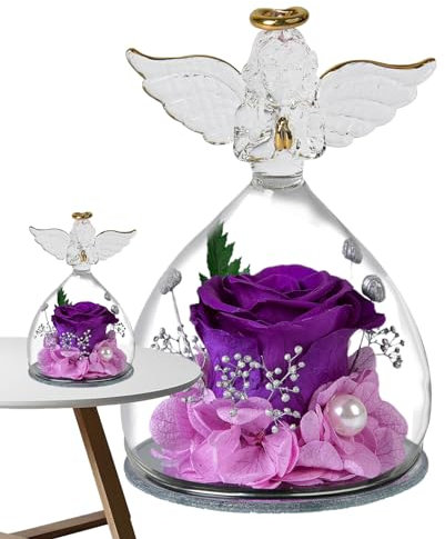 Kasmole Fiori per Sempre, Angelo Rosa stabilizzato | Figurina di Angelo in Vetro con Rosa | Figurine di Angeli di Rosa con Copertura in Vetro Regali per Donne Regali di Matrimonio