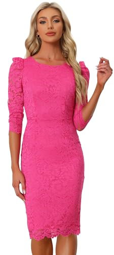 Allegra K Robe Cocktail Femme Élégante en Dentelle Florale à Manches 3/4 Robe Fourreau de Business Robe Moulante pour Invité de Mariage Rose Vif M