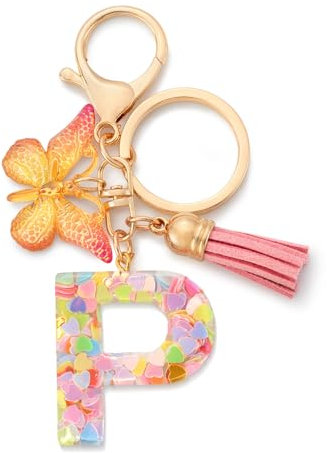 CHUQING Schlüsselanhänger Rosa,Anfangsbuchstaben Schlüssel Anhänger mit Schmetterlings Quasten,Schlüsselanhänger Buchstabe,Schlüsselanhänger Schmetterlinge Geschenk