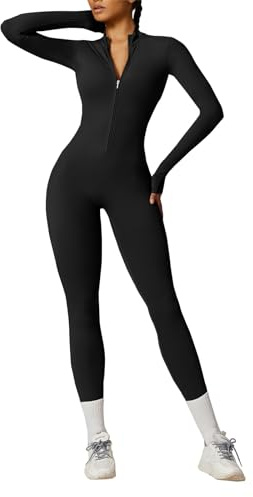 OEAK Damen Sport Jumpsuit Lang Eng Yoga Overall Langarm Rollkragen Playsuits mit Reißverschluss Nahtloser Bodysuit Bodycon Strampler Einteiler Romper,Kohlenschwarz,L