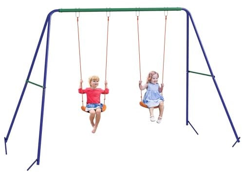 Outsunny Altalena per Bambini 3-8 Anni con 2 Seggiolini e 4 Picchetti, Altalena Doppia da Giardino in Metallo e PP, 269x160x180 cm, Multicolore