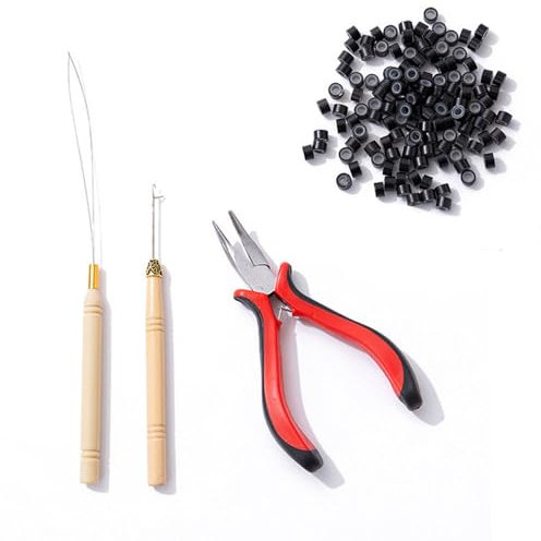 Hair Extensions Tools Kit with 200pcs Silicone Nano Beads Links,Professional Tools Hair Extension Pliers and Loop Threader for Extending Hair Wearing Feather Accessories Barber or Diy (Black)