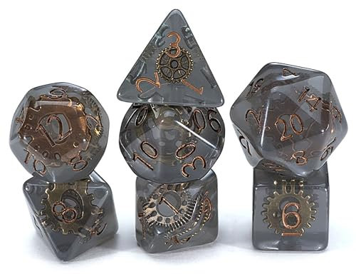 Gake Keeper Spiele & Würfel: Inklusionswürfel, Steampunk-Rauchgrau, Bronze-Zahnräder, 7-teiliges Harz-Würfel-Set, Rollenspiel-Zubehör, RPG-Würfel