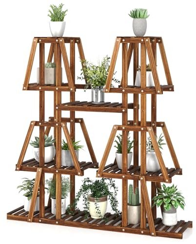 COSTWAY Pflanzenregal Holz, Pflanzentreppe Trapez, Blumenregal Blumenbank Pflanzenständer, Blumentreppe Blumenständer Outdoor, Leiterregal für Wohnzimmer, Balkon, Terrasse, 113x27x114cm, Braun