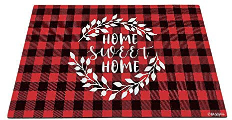 Saugstarke Türmatte Rutschhemmender Badteppich Schmutz Widerstehen Rückseite Fußabtreter Für Flur Haustür Außen 40X60cm Home Sweet Home, Branch Wreath Red Chreckers Plaid