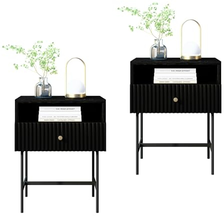 SEEDWAVE Nachttisch 2er Set Schwarz 48 cm Breit, Nachtschrank mit Leises Soft-Close-Schubladenschienen, Nachtkommode für Schlafzimmer Wohnzimmer(48 x 29 x 60 cm)