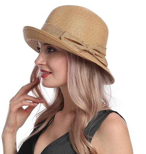 Generisch Damen Strohhut Fedora Trilby Hüte Eleganz Panama Hut mit Bowknot Faltbar Sommerhut Sonnenhut UV-Schutz Strandhut mit Breite Krempe für Strand, Urlaub, Reisen