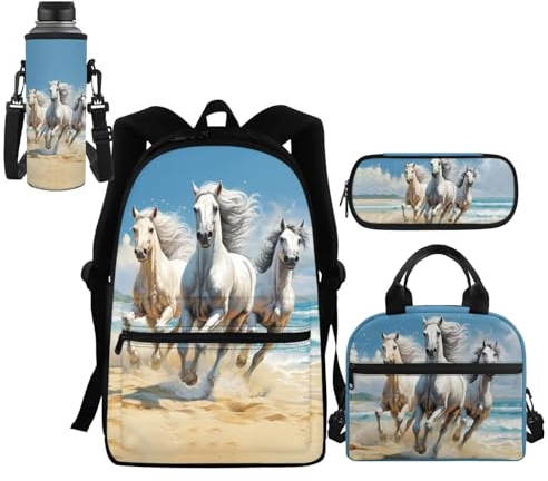 HELLHERO Horse Backpack Purse for Girls Boys Kids School Bag Set 6-8 10-12 14-16 Teen Schoolbag Children Bookbag with Lunch Bag Pencil Case Water Bottle Sleeve Elementary Preschool Rucksack