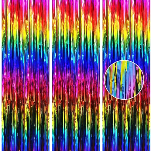 2pcs 3.2 x 8.3ft Glitter Rainbow Tinsel Curtain Door Tinsel Foil Fringe Curtain Streamers Party Curtain Photo Banner Decorations for School Graduation Birthday Hen Party Decorations Rainbow