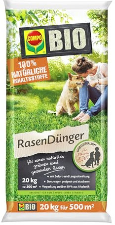 COMPO BIO Rasendünger, Naturdünger für Rasen, Natürliche Sofort- und Langzeitwirkung, Feingranulat, 20 kg, 500 m²
