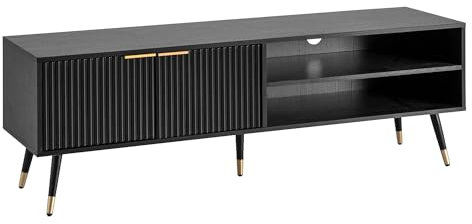 FineBuy Lowboard Schwarz mit Eiche-Dekor 150x51x39 cm TV-Kommode Modern, Design TV-Schrank Hoch, Fernsehtisch Fernsehschrank mit Türen & Ablagefächern, Fernsehkommode Wohnzimmer