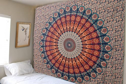 FURNISHFUL FINESSE Mandala Wandteppich Gold Blau Wandbehang Wandteppiche Boho Ombre Wandtuch für Dekor Zuhause und Wohnzimmer– 213 x 228 cm