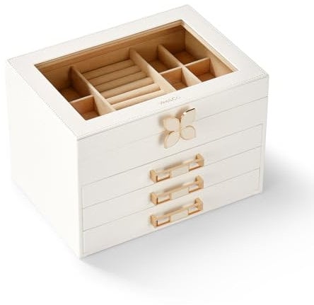 Vee Schmuckkästchen Groß,Schmuckkasten mit 4 Ebenen, Schmuck Organizer mit Glasdeckel, 4 Schubladen,für Halsketten, Ohrringe, Uhren, Armbänder (Weiß 4 Ebenen)