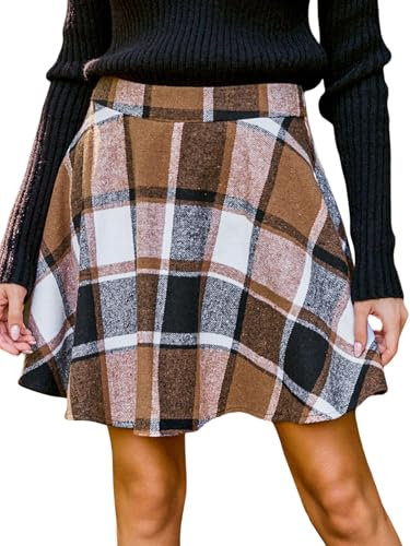 CUPSHE Jupe à carreaux taille haute pour femme - Jupe plissée à carreaux élégante - Mini jupe trapèze, marron, M