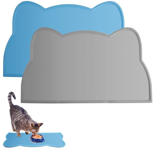 2 Stück Unterlage Katzennapf Silikon,44×25,5 cm Katzenfutter Unterlage Hundenapf wasserdichte,Napfunterlage Katze rutschfest,Futterunterlage Katze,Katzenfutter Matte Hundenapf,BPA-frei,Blau, Grau