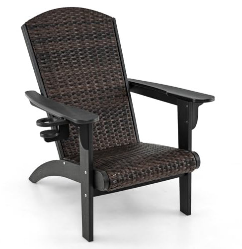 GYMAX Adirondack Stuhl wetterfest, Gartenstuhl mit mit Getränkehalter, Loungesessel mit geneigter Rückenlehne, Gartensessel aus Kunststoff & PE Rattan, für Terrasse & Balkon (Schwarz)
