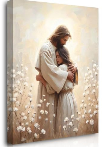 Reateforin Jesus Hugs Wandkunst, Retter und Sie, christliche Kunst, Jesus und Mädchen, LDS Gemälde, Wanddekoration, Bibeldrucke, moderne christliche Heilung, Umarmung, Mormonen-Poster für Frauen