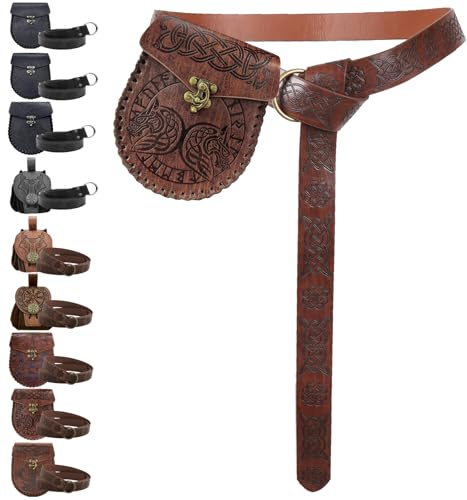 AUNGKWANG Mittelalter Kleidung Herren Damen, Mittelalter Gürteltasche mit Nordischem Retro Kordelzugbeutel, Renaissance Kunstleder Gürtel und Gürteltasche Set für Halloween, Karneval, LARP, Ren Faire
