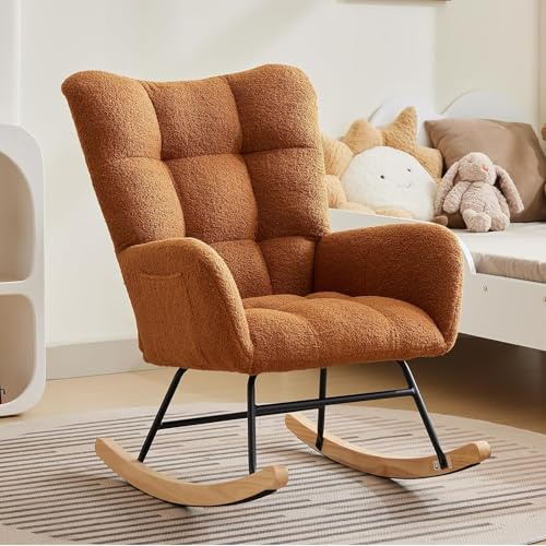 Salutmeuble Silla Mecedora, Moderna Mecedora con Bolsillo Lateral, Asiento Acolchado con Respaldo Alto, Silla Auxiliar para Sala de Estar, habitación de niños, Dormitorio (Marrón)
