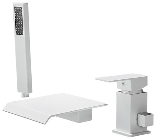 Robinetterie Baignoire Douche Blanc 3 Trous Double Mode Mitigeur Baignoire Cascade avec Douchette,Blanc