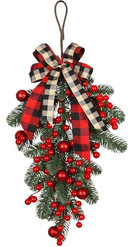 CEWUDA Artificial Red Trellis Hanging Tree Albero di Natale Inverso Ghirlanda Natalizia Innevato 60cm Bacche Rosse Porta Swag Natale con Albero Capovolto per Porte d'Ingresso da Parete Finestra Casa
