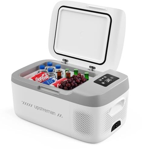 Upstreman Kompakte 15L Elektrische Kühlbox mit Kühl- & Gefrierfunktion - Leistungsstarker Kompressor, Leiser 39dB Betrieb & inkl. 12V/230V Adaptern für Auto & Zuhause，Weiß-AR18