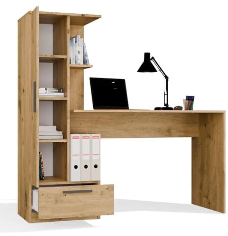 CDF Schreibtisch mit Regal Schublade 140cm 3 Einlegeböden Computertisch | Home Office Bürotisch Ergonomisch Arbeitstisch Jugendzimmer Schlafzimmer Kinderzimmer Rollschienen Eiche Artisan Spanplatte