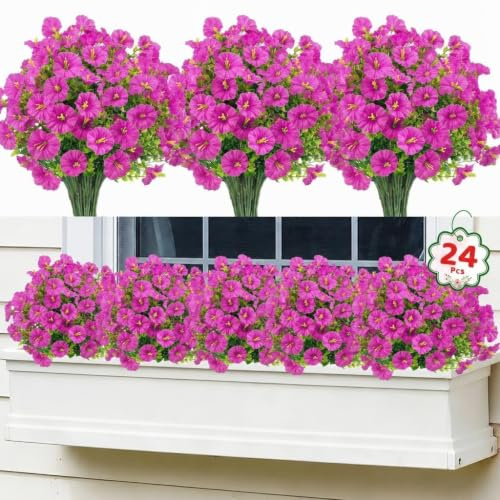 Woltoy Artificial Flowers 24 Pcs Fake Flowers Magenta Morning Glory, Spring Fake Vibrant Coloured Artificial Plants Outdoor for Hanging Baskets, Garden Home Wedding & Party Decor