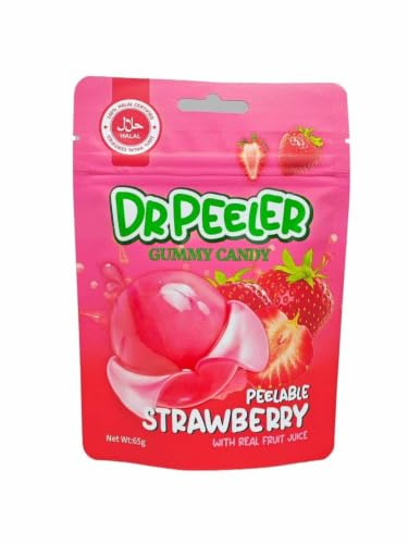 Halall Drpeeler Peelable Gummy Fruits Natural Flavoured Sweets Candy Resealable 65g (Small Size, Strawberry)