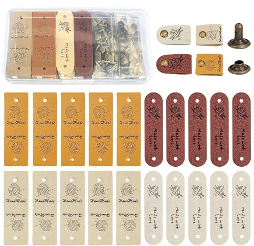 CATELL 20 Stück Handmade Label mit Nieten 4 Farben für Basteln Kleidung | Handgemachte Lederetiketten Handmade Label Zum Annähen DIY Handgemachte Etiketten für Schals Hüte Handschuhe Häkelarbeiten